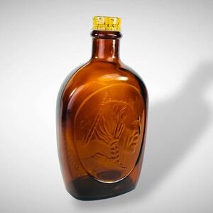1976 Bicentennial Log Cabin Syrup Bottle Embossed Portrait Series Amber Glass